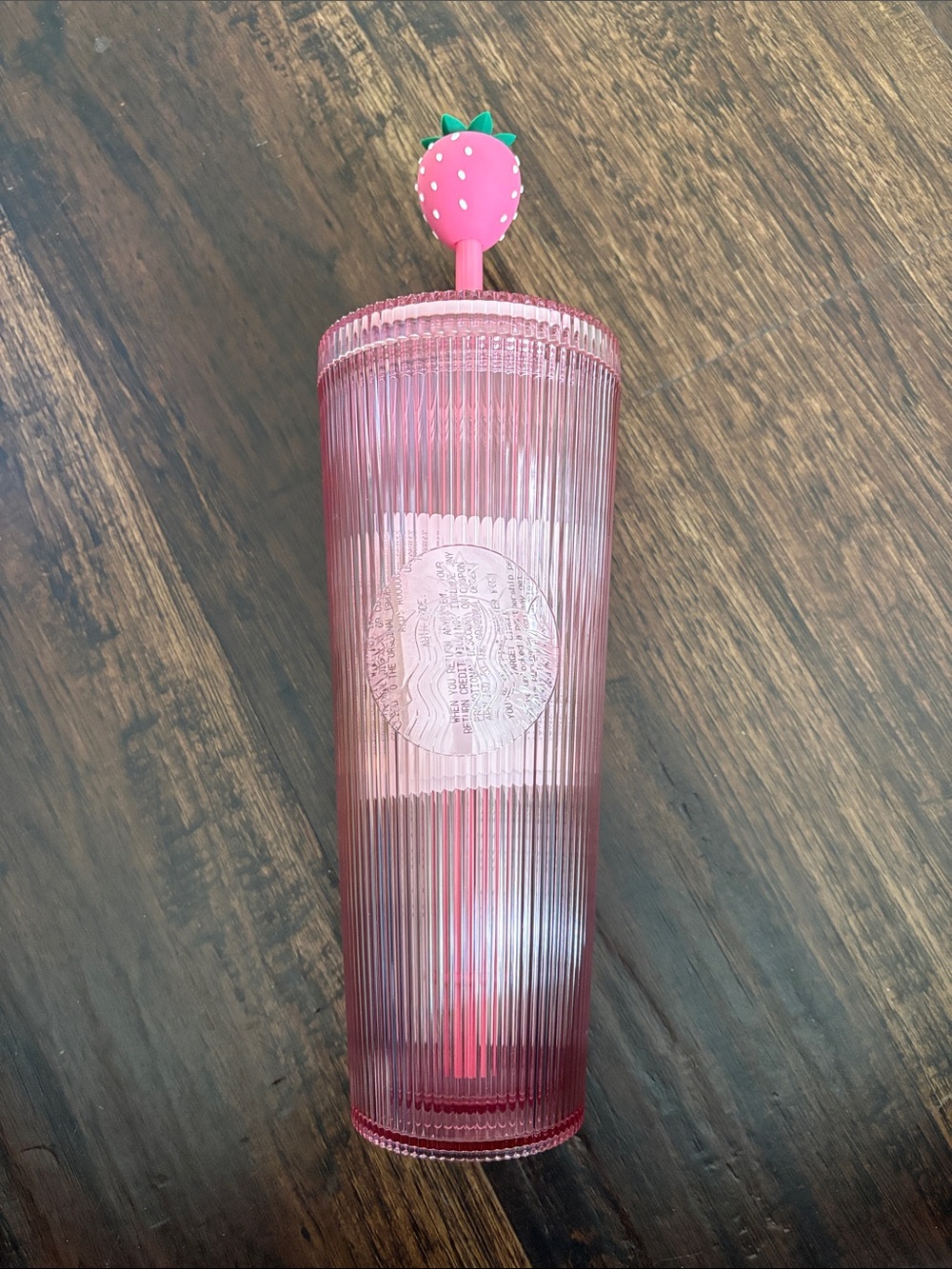 Pink Ribbed Tumbler with Strawberry Straw Topper Starbucks tumbler